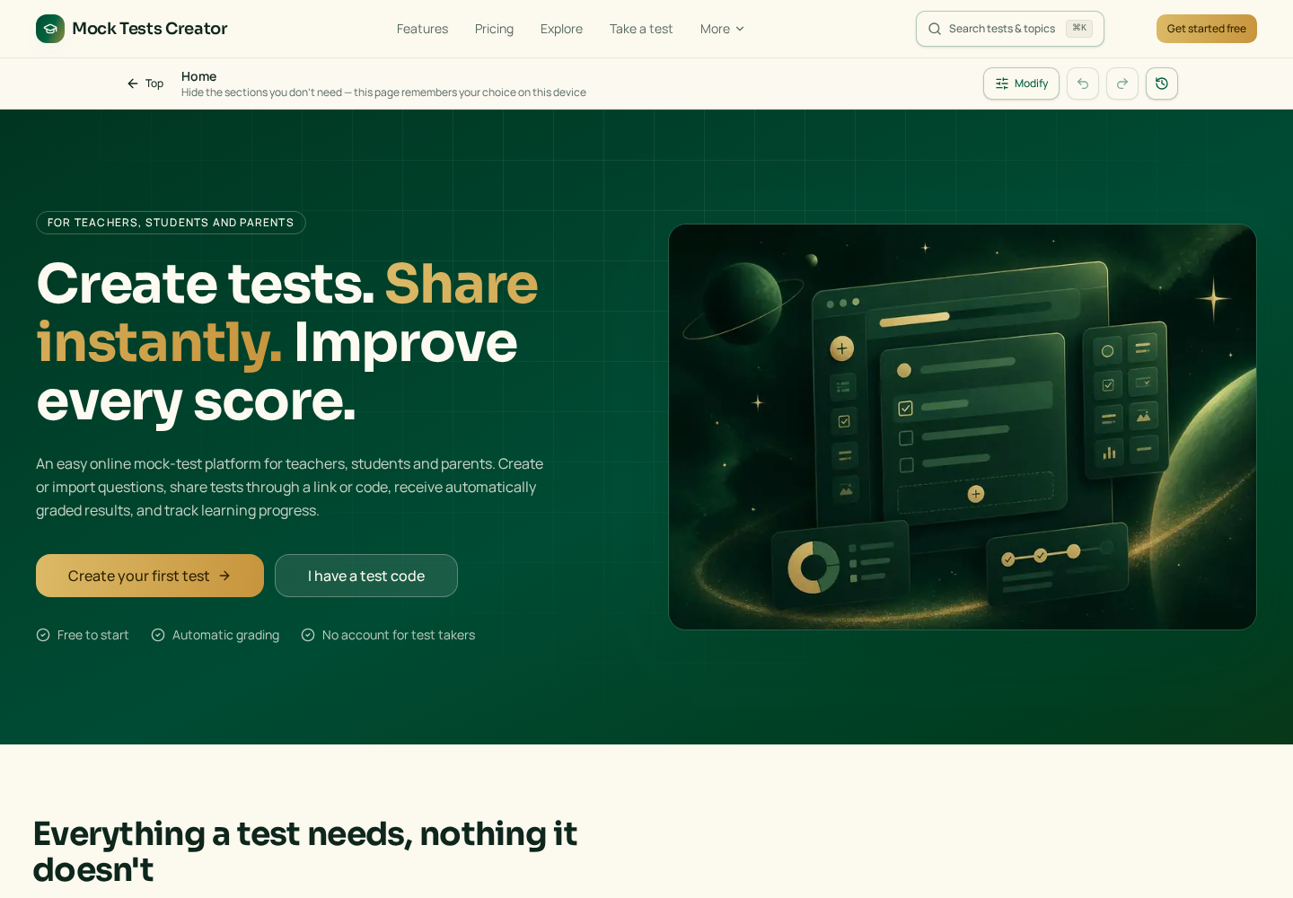 Mock Tests Creator homepage and online test creation experience