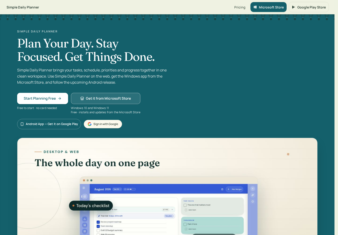 Simple Daily Planner website showing its day-planning workspace